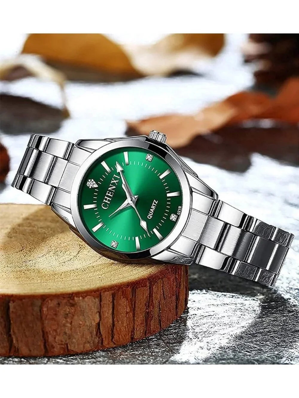 Women's Green Analog Quartz Stainless Steel Luminous Waterproof Dress Watches